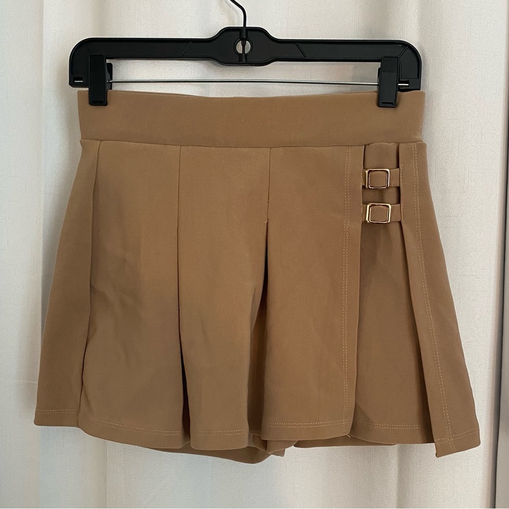 Tan Pleated Wrap Skort with Buckle Detail